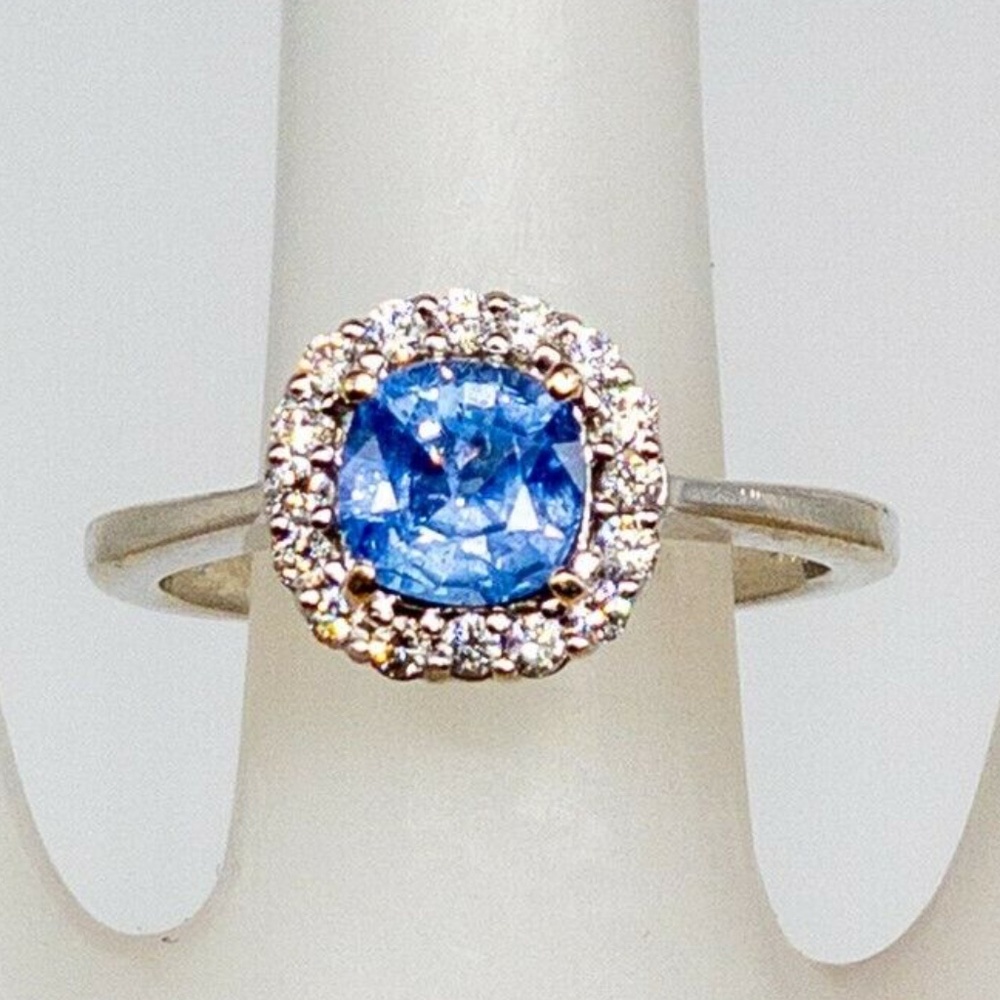 HALO CUSHION CUT BLUE SAPPHIRE DIAMOND RING